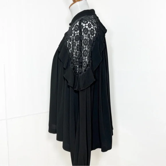 SOLD-Free People Ruffled Crochet Lace Black Draped Relaxed Long Sleeve Top - Picture 6 of 13